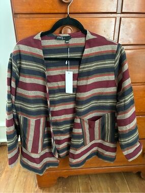 MEG Striped Open-Front Jacket — Burgundy, Navy & Tan